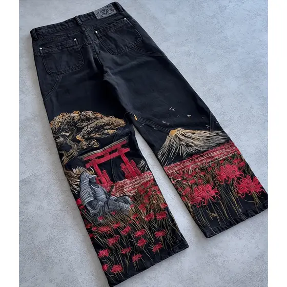 Harajuku Roupas De Moda Japonesa Samurai Bordado Jeans De Grandes Dimensões Masculino Y2K Rua Hip-hop Calças Retas De Ci