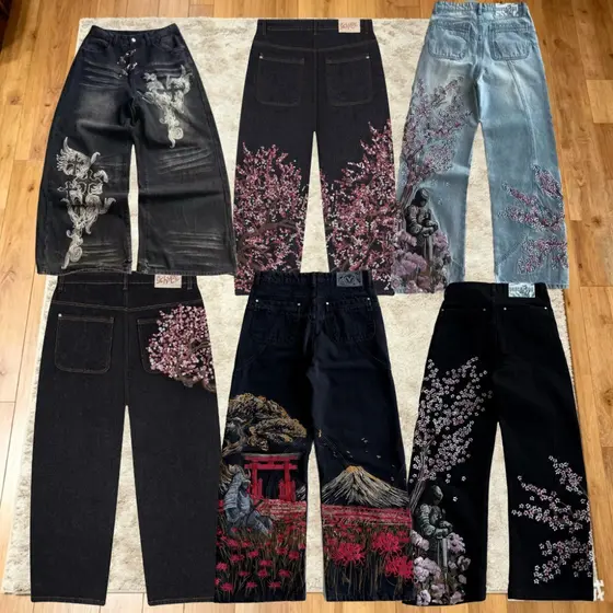 Y2k Vintage Baggy Cavaleiro Caído Flor De Cerejeira Bordado Jeans Masculino Feminino Moda Reta Calças De Perna Larga Str