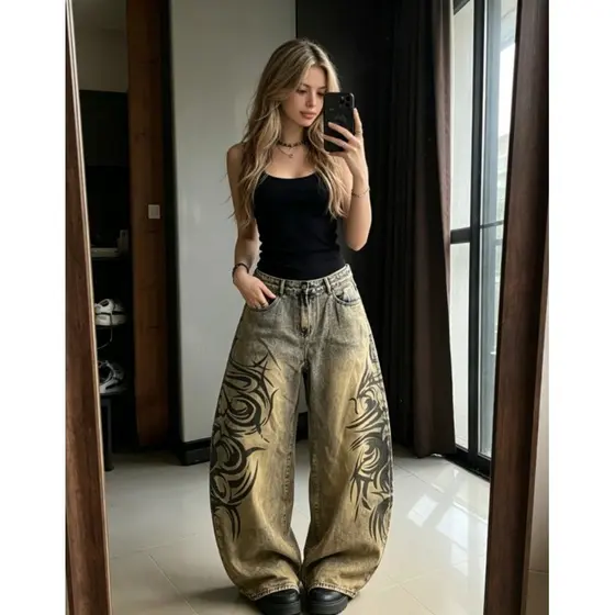 Americano Y2K Nova Impressão Cinza Baggy Jeans Das Mulheres Dos Homens High Street Vintage Hip Hop Harajuku Casual Corin