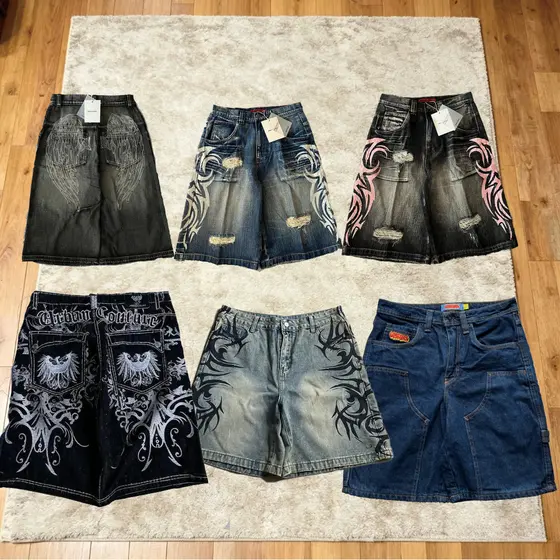 Y2K Nova Moda Americana Padrão Carta Bordado Baggy Denim Shorts Feminino Rua Vintage Hip Hop Casuais Roupas Femininas