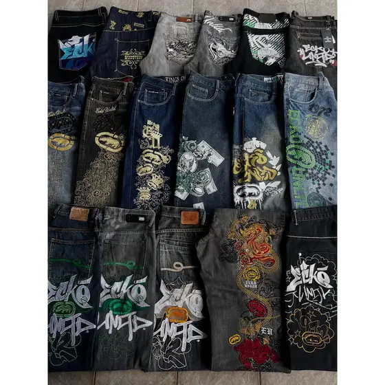 ECKO Explosões Jeans Masculino Americano Vintage Hip-Hop Calças De Perna Larga Harajuku Gótico Rock Casal Retas