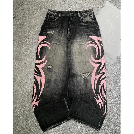 Calça Jeans Masculina Com Estampa Totem Mottled , Estilo Americano , Perna Larga , Retrô , Solta , Tendência Da Moda Gót