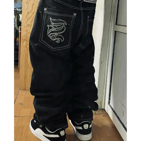 Y2K Americano Retro Hipster Masculino Novos Jeans Bordados Gráficos Soltos Casal Harajuku Hip-Hop Rua Calças De Perna La