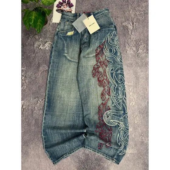 Streetwear Nova Moda Grande Padrão Bordado Baggy Jeans Feminino Y2K Rock Hip Hop Retro Popular Casual Cintura Alta Calça