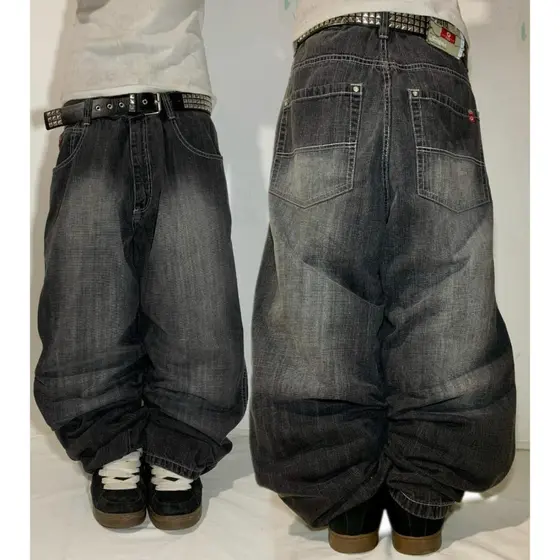 Moda Nova Preto Cor Sólida Lavado Velho Casual Jeans Masculino Y2K Streetwear Vintage Popular Cintura Alta Baggy Calças