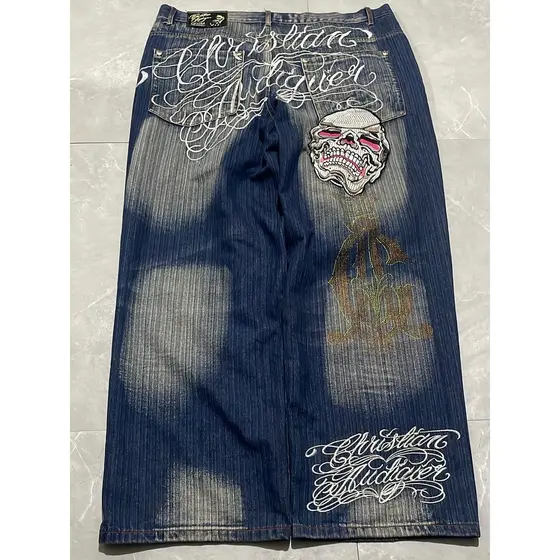 Crânio Carta Bordado Perm Cintura Alta Lavado Jeans Masculino Y2K Gótico Punk Retro Em Linha Reta Oversized Chão Esfrega