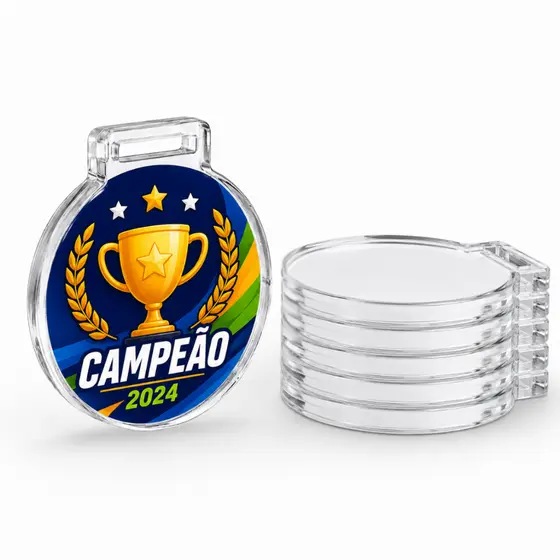 Kit Medalha Acrílico Cristal Transparente 4Cm Redonda Resistente