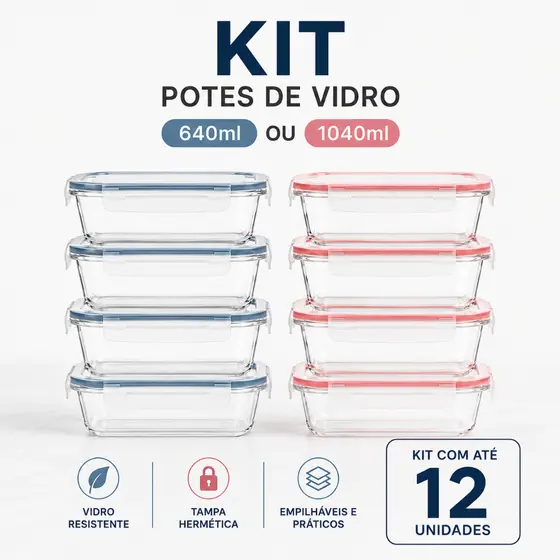 Kit Potes de Vidro Hermético 640ml/1040ml Marmita Fit Premium 4 Travas