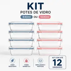 Kit Potes de Vidro Hermético 640ml/1040ml Marmita Fit Premium 4 Travas
