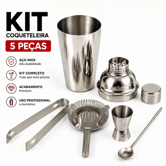 Kit Caipirinha Coqueteleira Profissional Bartender Barman 5 Peças Inox Drinks Premium 550ml