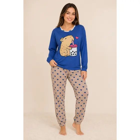 Pijama Feminino Longo Estampado Capivara Fofo Conjunto Inverno Confortável Manga Longa Calça Pijamas Doce Sonhar