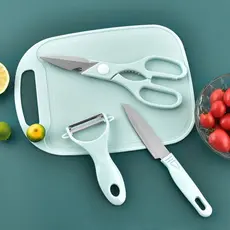 Kit 4 Peças Para Cozinha - Faca Tesoura Descascador Tábua Culinária Inox
