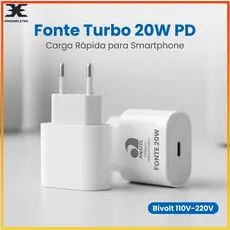 Fonte Carregador 20W Turbo Tipo c Carga Rápida USB C Compatível Iphone Bivolt 110V-220V
