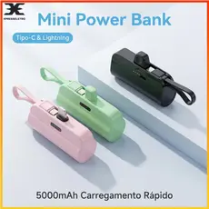Mini Power Bank 5000mAh Portátil Tipo-C e Lightning Carregador Rápido Compacto com Alça para celular Iphone