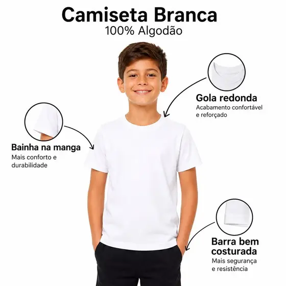 Camiseta Escolar Infantil Branca Lisa Menino Manga Curta Premium