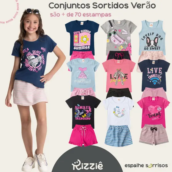 Kit Sortido 2 ou 10 Peças de Roupas Verão Menina Sortido  Blusa + Short  Estampas Variadas Algodão  Do 2 ao 14