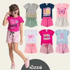 Kit Sortido 6 ou 10 Peças de Roupas Verão Menina Sortido Blusa + Short Estampas Variadas Algodão Do 2 ao 14 anos