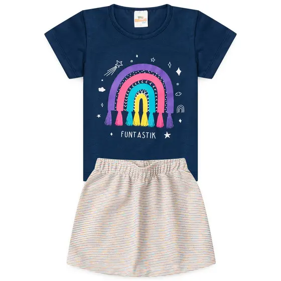 Conjunto Infantil Feminino Verão com saia de brilho Tam 2 ao 14 anos