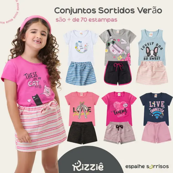 Kit Sortido 4 ou 10 Peças de Roupas Verão infantil Menina Sortido  Blusa + Short  Estampas Variadas Algodão -Do 2 ao 14