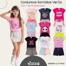 Kit Sortido 8 ou 12 Peças de Roupas Verão Menina Sortido  Blusa + Short  Estampas Variadas Algodão  Do 2 ao 14