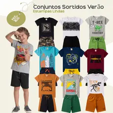 Kit Sortido 12 Peças de Roupas Infantil Menino 6 Camisetas + 6 Bermudas - Kit com 6 Conjuntos de Roupa Verão Menino Bebê