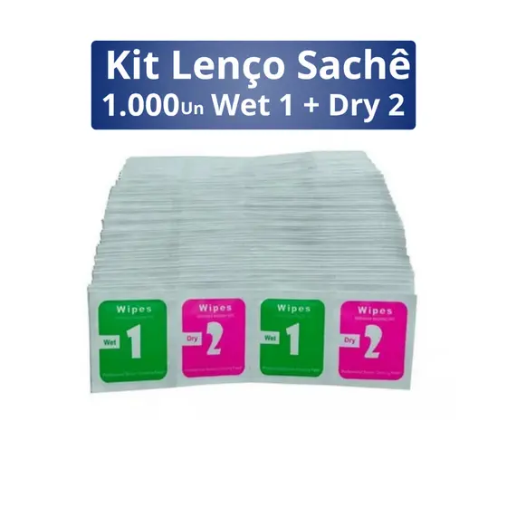 KIT Lenço Sachê Wet 1 + Dry 2 1000und  Limpeza Para Aplicação de Películas de Vidro Gel Celular