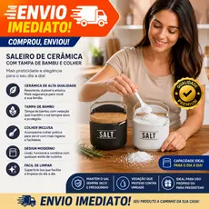 Saleiro Manhattan de Porcelana com Tampa Bambu e Colher 270ml Hauskraft | Porta Sal Temperos