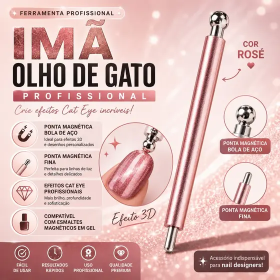 Imã Duplo Para Unha Olho De Gato Magnético Rosé Esmalte Cat Eye Com Bola De Aço Nail Art