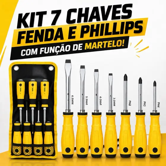 Kit DE 7 CHAVES DE FENDA E PHILLIPS COM CABO DE IMPACTO E FUNÇÃO DE MARTELO PROFISSIONAL