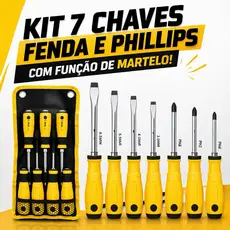 Kit DE 7 CHAVES DE FENDA E PHILLIPS COM CABO DE IMPACTO E FUNÇÃO DE MARTELO PROFISSIONAL
