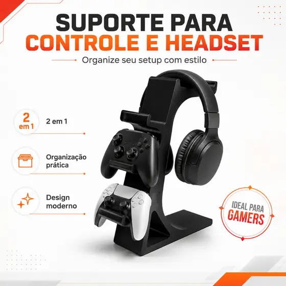 Suporte para Controle e Headset Gamer 2 em 1 Organizador de Mesa para Setup PC Console