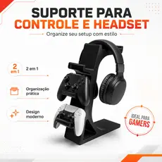 Suporte para Controle e Headset Gamer 2 em 1 Organizador de Mesa para Setup PC Console
