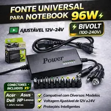 Fonte Universal para Notebook 96W com 9 Pontas Ajustável 12V a 24V Bivolt