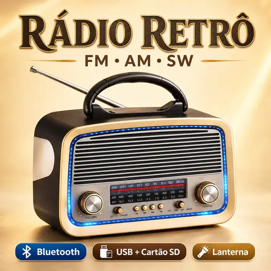 Rádio Portátil Retrô Bluetooth AD-3199 FM AM SW USB Cartão SD Lanterna Caixa de Som Vintage