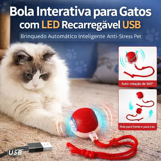 Bola Interativa para Gatos com LED Recarregável USB | Brinquedo Automático Inteligente Anti-Stress Pet
