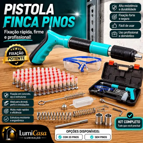 Pistola Finca Pinos Profissional com Kit de Fixação | Ferramenta Manual para Concreto e Aço com ou sem Pinos