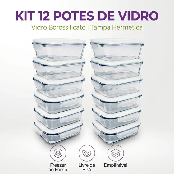KIT 12 POTES VIDRO HERMETICO 640ML MARMITA