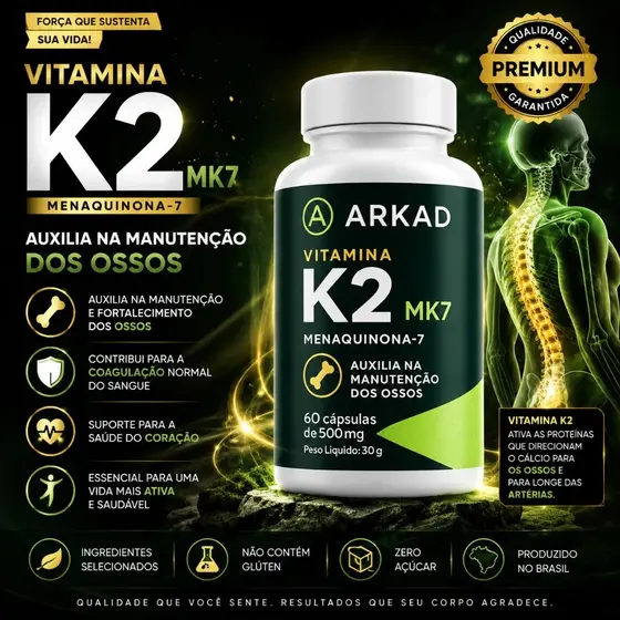 Vitamina K2 Mk7 Cálcio + vitamina D3 Menaquinona-7  Original Arkad - Envio Imediato