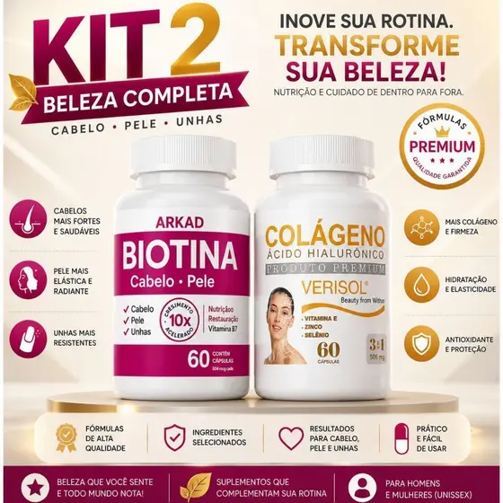 KIT BIOTINA + COLÁGENO PREMIUM - ARKAD- 60 CÁPSULAS CADA