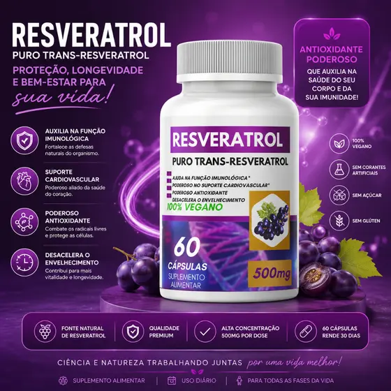 RESVERATROL Natural 100% Original 60 Capsulas 500Mg Trans Resveratrol