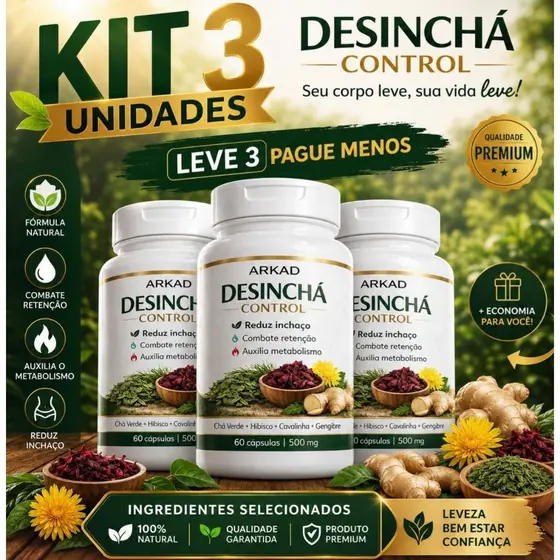 Kit 3 Desinchá Natural | Chá Verde + Hibisco + Cavalinha | Reduz Inchaço 180 Cápsulas | Arkad Suplementos|Original