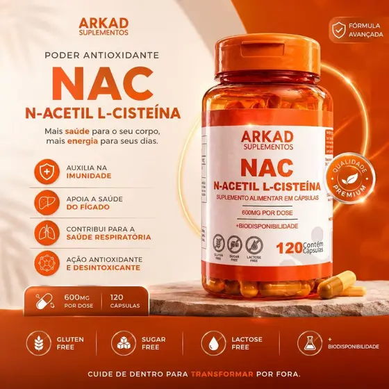 NAC 600mg N-Acetil L-Cisteína 120 Cápsulas | Antioxidante + Imunidade + Detox