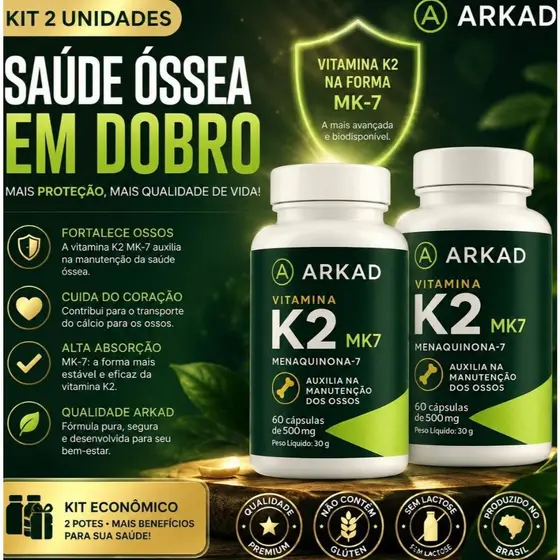 Kit 2 Vitamina k2 Pro + Vit D3 e Cálcio - 60 cápsulas de 500 Mg Para Ossos e Dentes Ajuda na Coagulação do Sangue