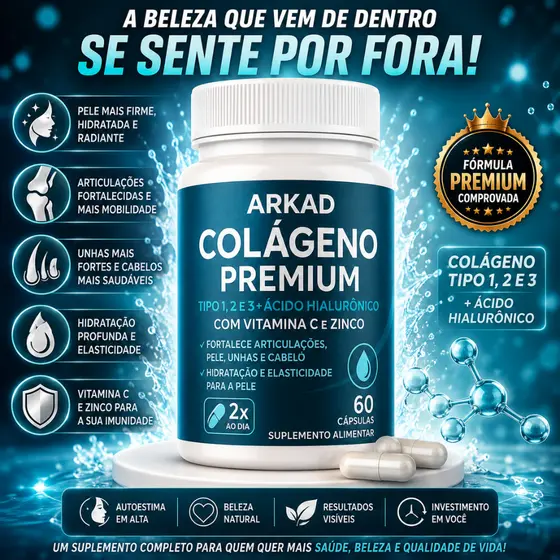 Colágeno Tipo 1, 2 e 3 com Vitamina C 60cps - Arkad suplementos