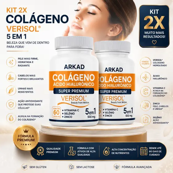 Kit 2 Colágeno Verisol® 5 em 1 com Ácido Hialurônico, Vitamina C, Zinco e Selênio | 2 Frascos com 60 Cápsulas (120 Cáps)