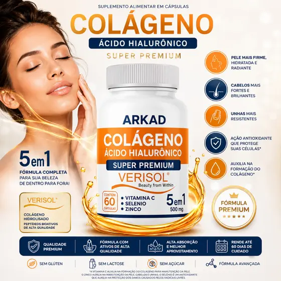 Colágeno Hidrolisado Verisol® + Ácido Hialurônico 5 em 1 | Vitamina C, Zinco e Selênio | 60 Cápsulas