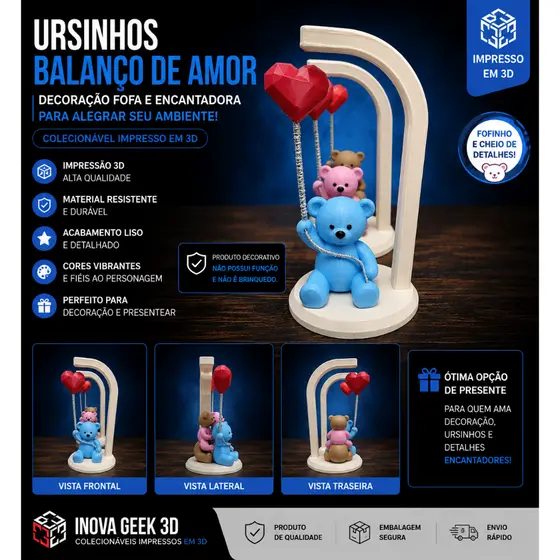 🧸💖 Ursinho com Balão em Formato de Coração – Impressão 3D