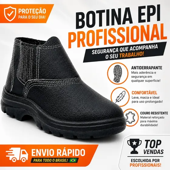 Botina Bota Segurança Couro Legitimo Com Biqueira Elástico Com CA Obra Trabalho Macio Envio Rápido !