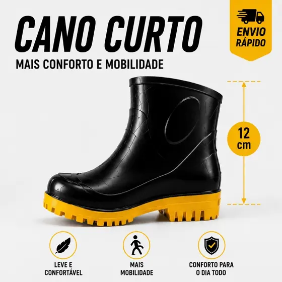 Bota Galocha PVC Impermeável Cano Curto Antiderrapante EPI Chuva Limpeza Trabalho Motoboy Trabalho