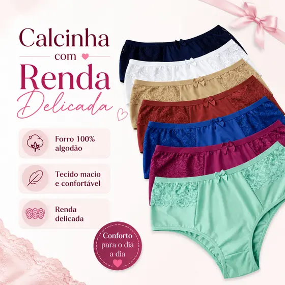 Kit Calcinha Cintura Alta Forro 100% Algodão Gestante Pós Parto Cós Alto Microfibra com Renda